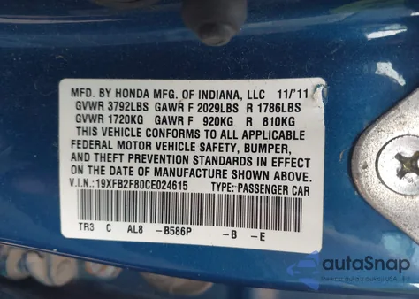 2012 Honda Civic Ex from USA, damaged, VIN 19XFB2F80CE024615